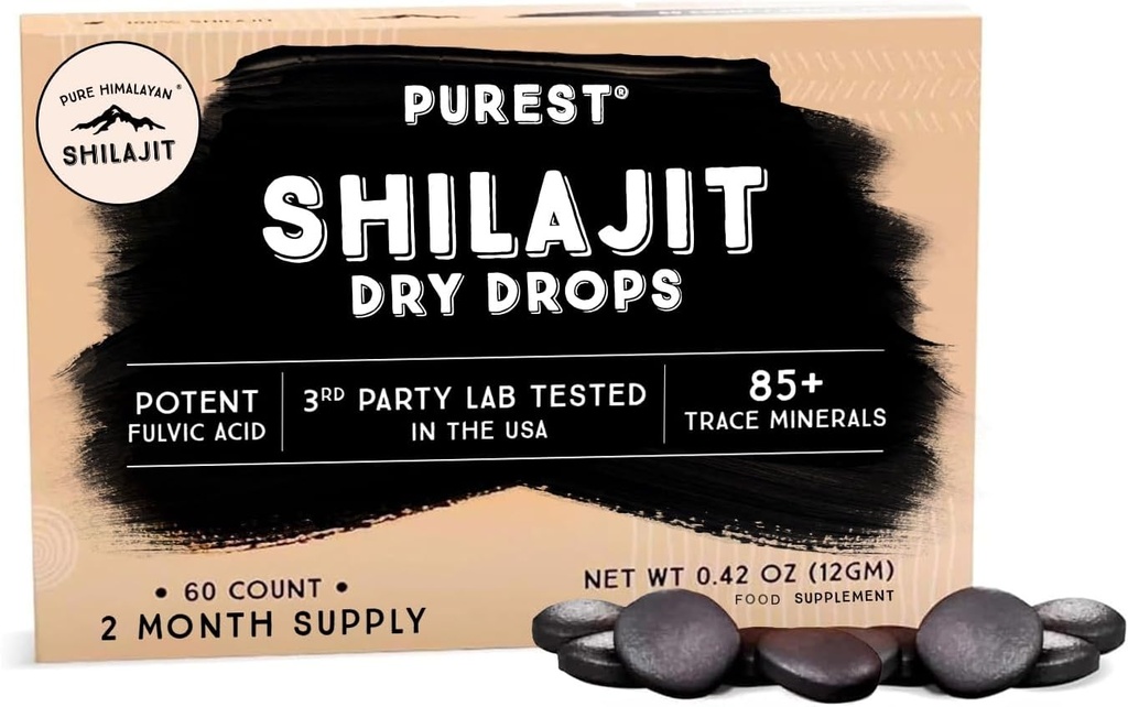 Pure Himalayan Shilajit kuiv tilgad, 100% puhas looduslik Shilajit, klass A, Max Potency 85+ puhas jälje mineraalid ja Fulvic Acid energia, ainevahetuse ja immuunsuse tugi täiendada meestele ja naistele (60 tabs)