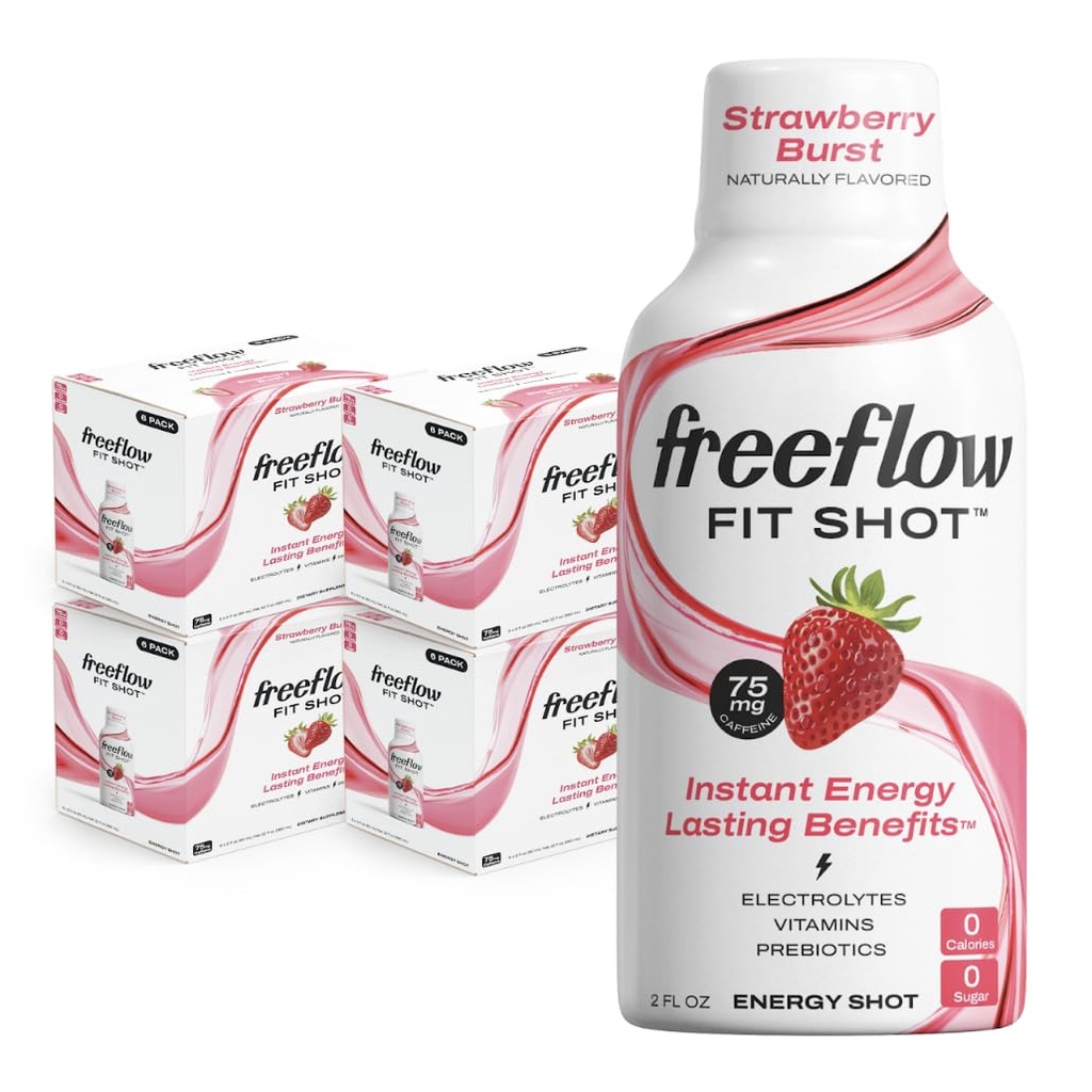 Freeflow Fit energia Shots, maasika Burst, looduslik kofeiini Boost L-theanine, ženšenn, vitamiinid, prebiootikumid, elektrolüüdid (24 Count, 2oz Shots)