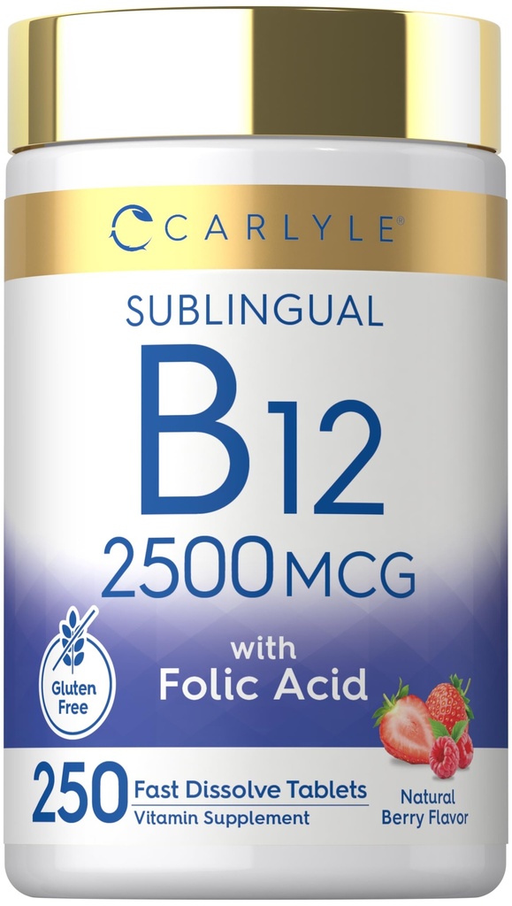 Carlyle Vitamiin B12 Sublingvaalne 2500 mcg | 250 kiiret lahustuvat tabletti | Tsüanokobalamiini lisand foolhappega täiskasvanutele | Looduslik marjamaitse | Taimetoitlane, mitte-GMO ja gluteenivaba