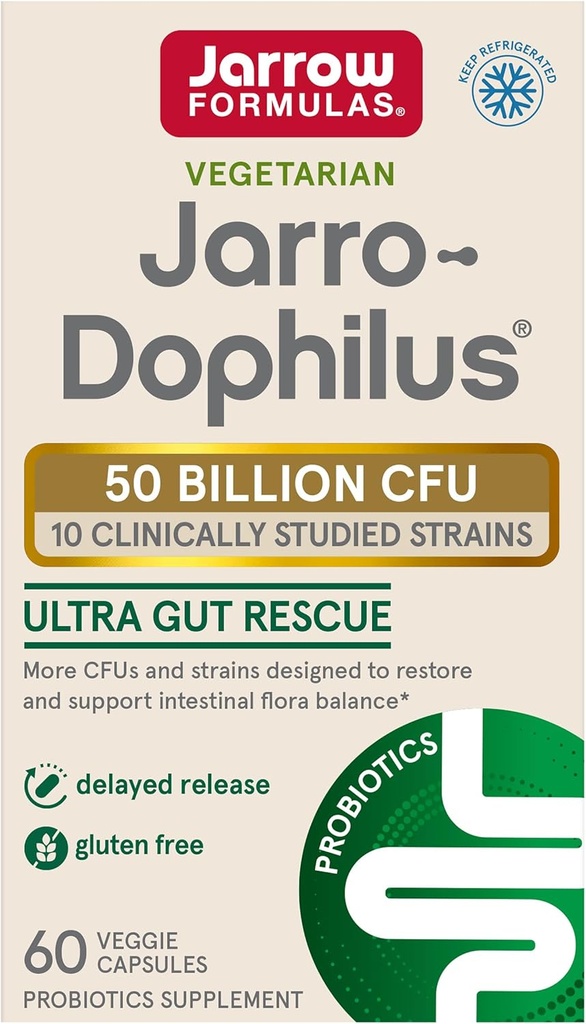 Kitsad valemid Jarro-Dophilus Ultra - 50 miljardit elujõulist organismi ühe teenistuse kohta - 60 hilinenud vabastamist Veggie korki - taastab, kaitseb ja säilitab soolestiku floora - 60 serveerimist