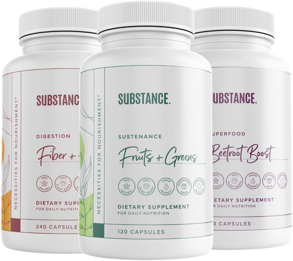 AINE. 3-Pack General Wellness Bundle: Nature's Sustenance Daily Fruits & Köögiviljad (120 Caps) + Fiber & Spices (240 Caps) + Beetroot Boost (180 Caps) - US Made, Vegan-Friendly
