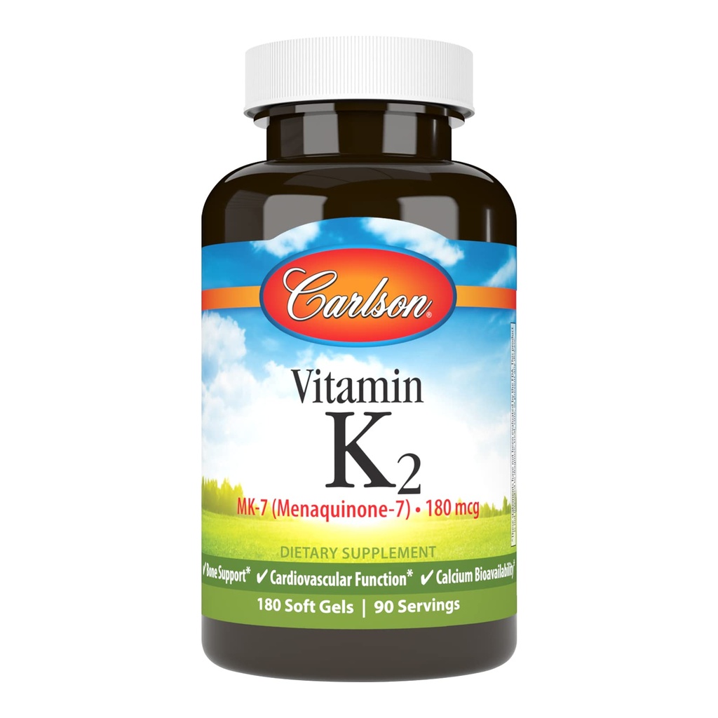 Carlson - vitamiin K2 MK-7 (menakinoon), 180 mcg, luu tugi, kaltsiumi biosaadavus, K2 Vitamiin, K-2, 180 Softgels
