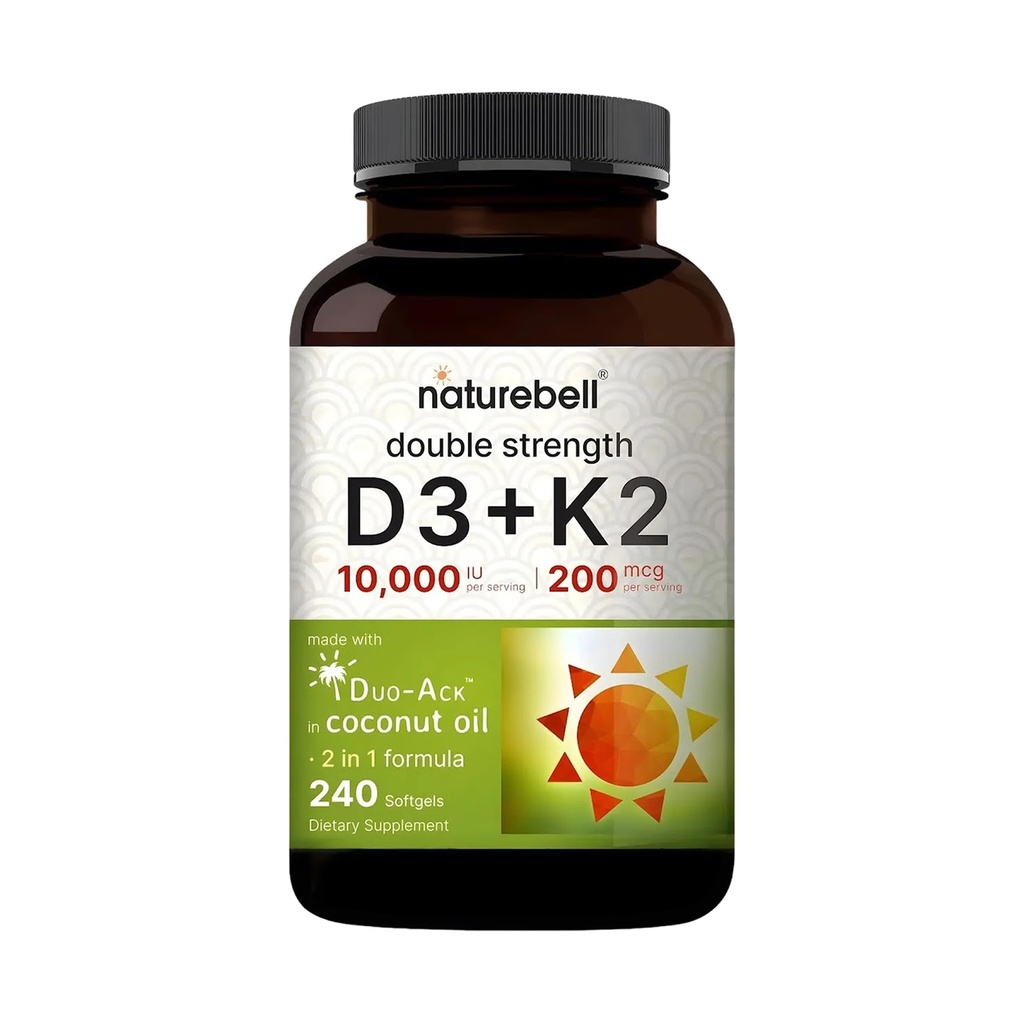 NatureBell Vitamiini kahekordne tugevus D3 + K2-240 Softgels - 10 000 IU D-vitamiini & 200mcg K2 - Luu tugevus, immuunfunktsioon & kaltsiumi imendumise tugi * - Kookosõli infundeeritud