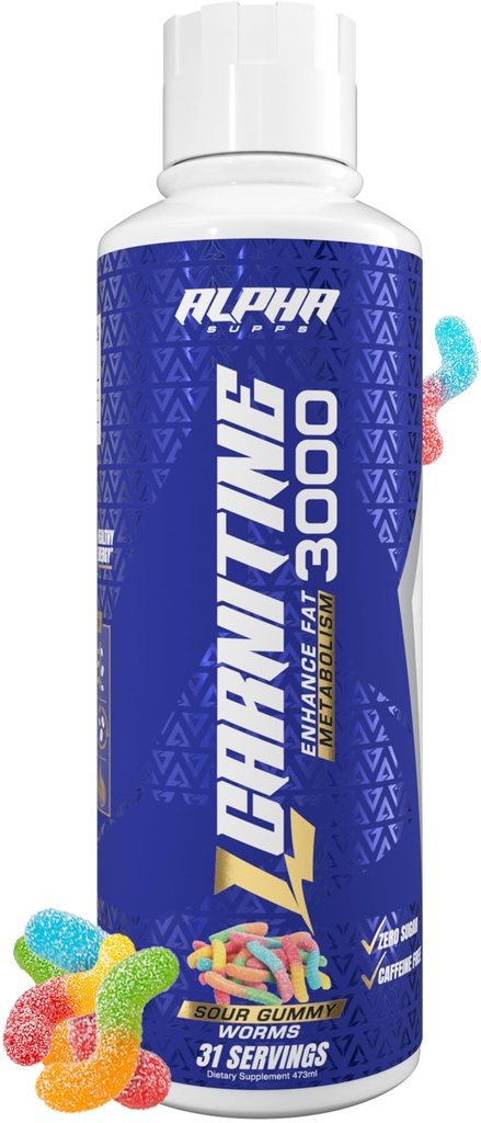 Alpha Supps L Karnitiin Liquid 3000 | Stimulant-Free L-karnitiin Supplement meestele ja naistele | Pre-Workout energia suurendamine & lihaste taastamine | Zero Sugar, Fat, & Carbs | 31 Servings (Sour Gummy Worms)