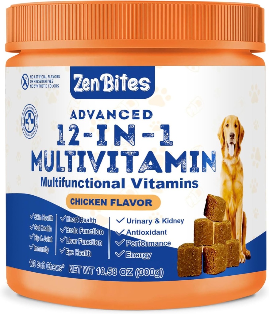 12-in-1 koera vitamiinid ja probiootikumid 120 pehmed närid - orgaaniline multivitamiin koos glükoosamiiniga koertele - ühine tugilisa igas vanuses koertele, suurused ja tõud, naha, südame, immuunsuse toetamine
