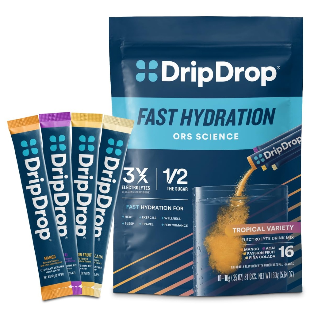 DripDrop hüdratsioonipaketid - troopiliste sortide pakend - ühekordne elektrolüütide pulberjoogisegu - Mango, Açaí, Passion Fruit, Piña Colada - Non-GMO, Gluteenivaba, Vegan - 16 Stics