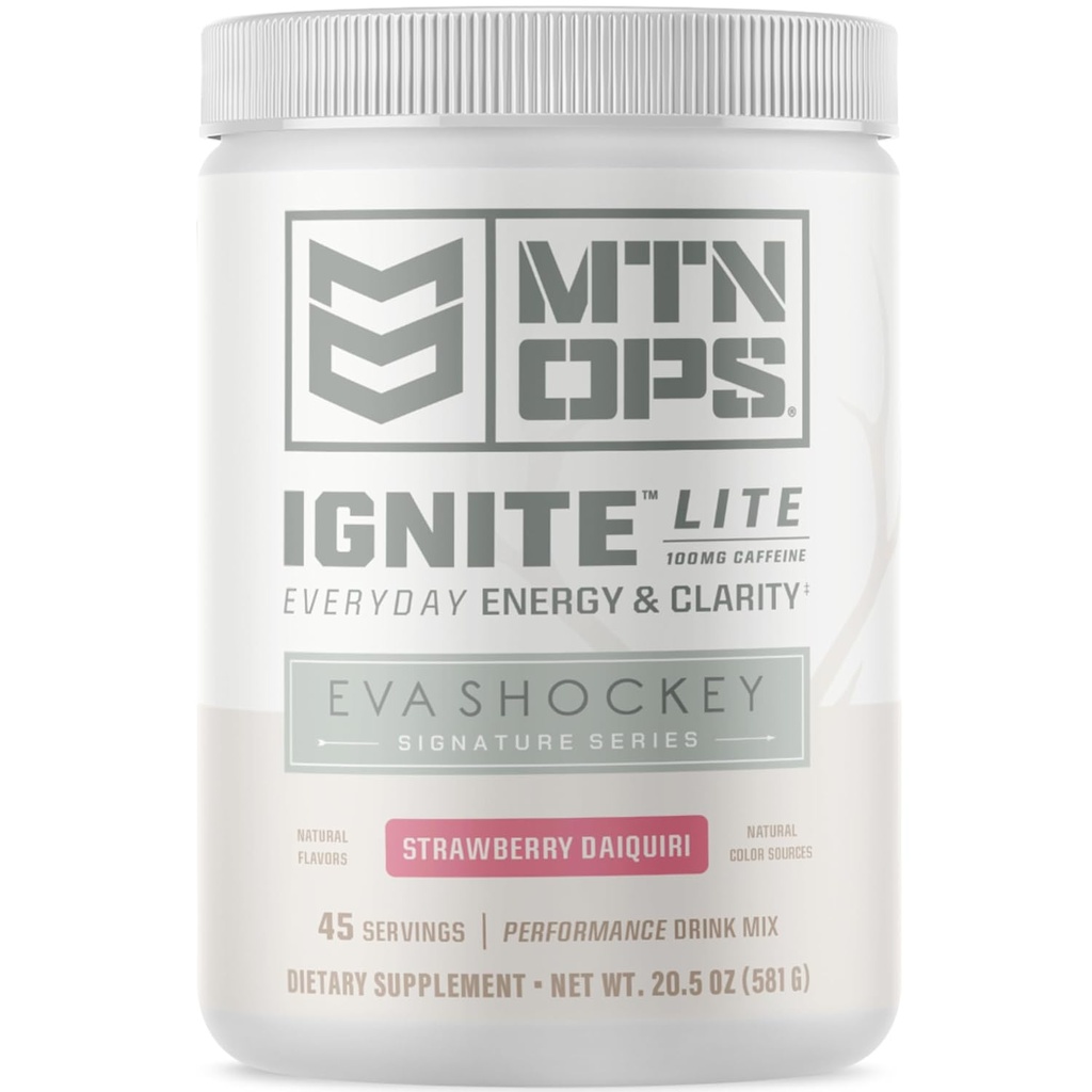 MTN OPS Ignite Lite Energiajook Pulber Gluteen Vaba lämmastikoksiidi Lisandi Joogisegu, L Arginiin, L tsitrulliin, Kofeiin ja Nootroopne Suhkruvaba Joogi Segu, 45 Servings, Maasika Daiquiri Maitse Eva Shockey
