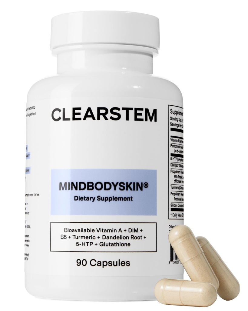 CLEARSTEM - MINDBODYSKIN hormonaalse akne täiendus (5-HTP) - looduslik DIM täiendus - nahahoolduse vitamiinid - hormoonide tasakaal, antioksüdandid - gluteenivaba, julma tasuta - 30 serveerimist, 90 kapslit