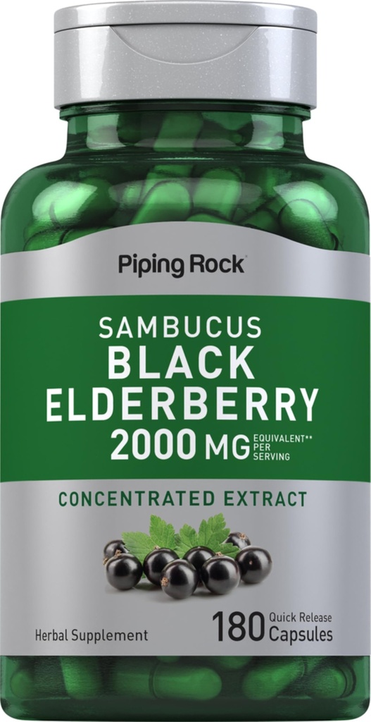 Piping Rock Elderberry kapslid | 2000 mg | 180 pillid | Sambucus Herbal Extract Supplement | Kontsentreeritud ekstrakt | Non-GMO, Gluteenivaba