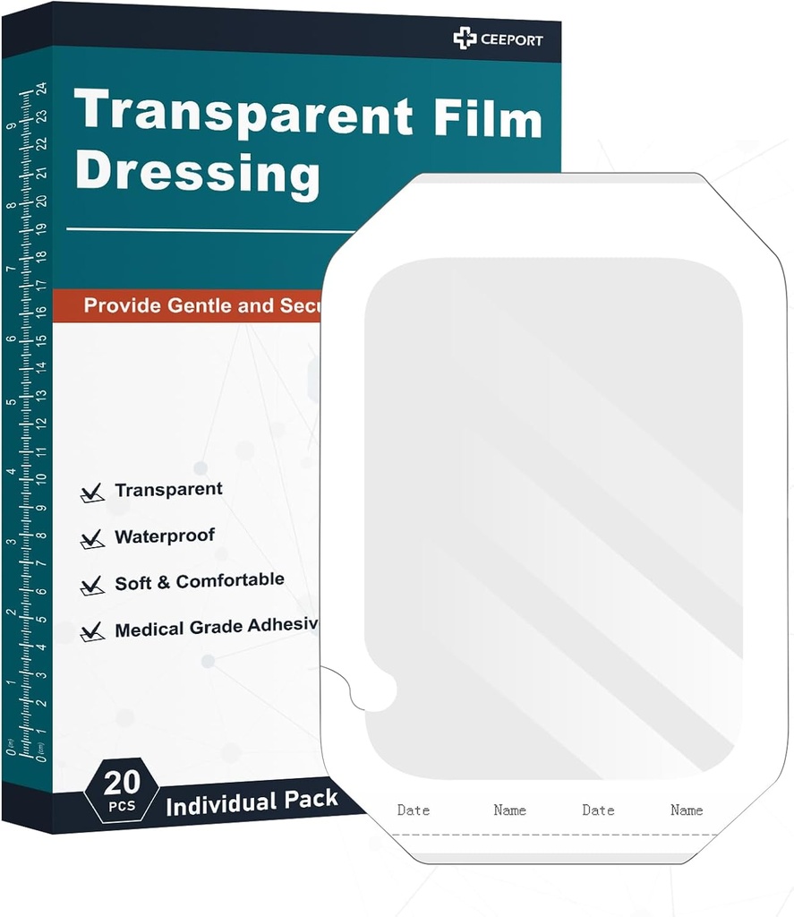 Transparent Film Dressing 6'' x 8'', 20 Packs Waterproof Wound Bandage Adhesive Patches, Wound Cover Patches for Post Surgical Shower, IV Shield, Tattoo Aftercare Bandage