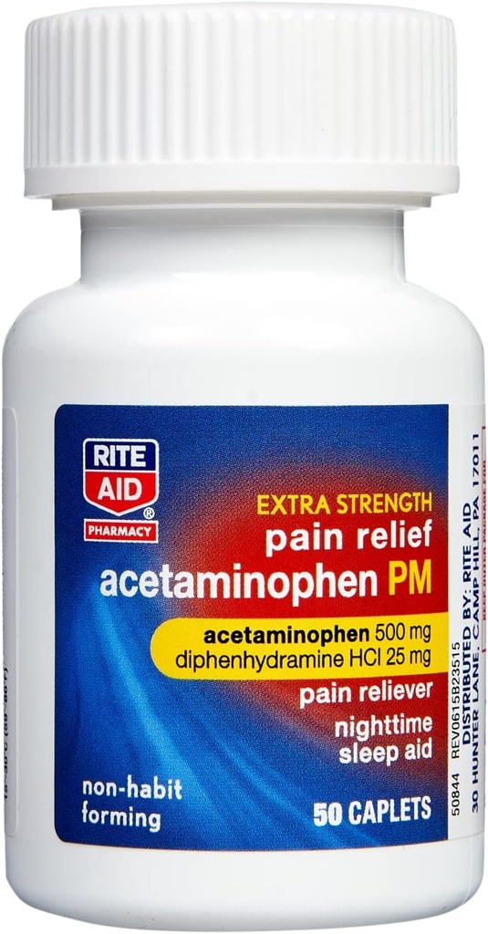Rite Aid Extra Strength PM Pain Relief Caplets , 500mg Acetaminophen / 25mg Difenhüdramiin - 50 Count | Nighttime PM Pain Reliever + Sleep Aid | Liigesevalu leevendamine | Menstruaalne valu leevendamine + PMS Relief