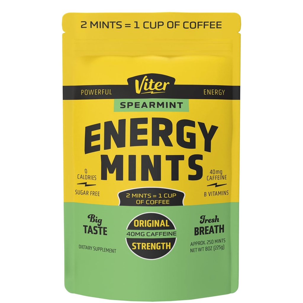Viter Energy 40mg Kofeiini Rahapajad - Suhkruvaba, B-vitamiinid, Vegan, Suurendab Kiiresti Energiatustatud Hoiatus Fookus, Kofeiinitud Nootroopsed Täiendavad Pillid (Spearmint Maitse, 8oz, Bulk Bag)
