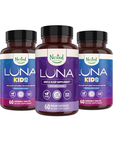Nested Naturals Luna Kids Sleep Supplement (60 närimistabletti) & Luna Natural Sleep Aid (60 vegankapslit)
