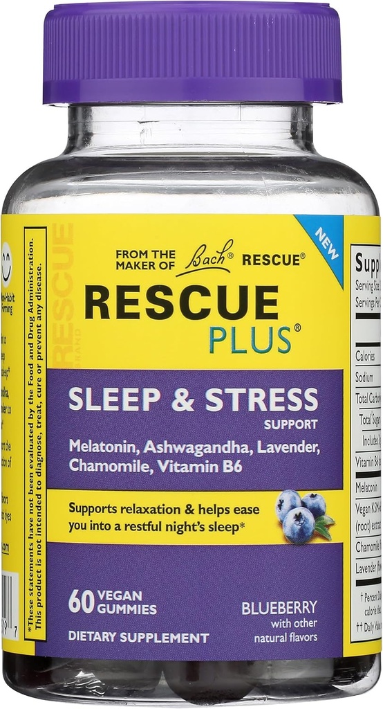 Bach Rescue Plus Sleep & Stress Support Gummies, öine toidulisand 1mg melatoniini, ashwagandha, kummeli, lavendli ja vitamiin B6, 60 Gummies (pakk 3)