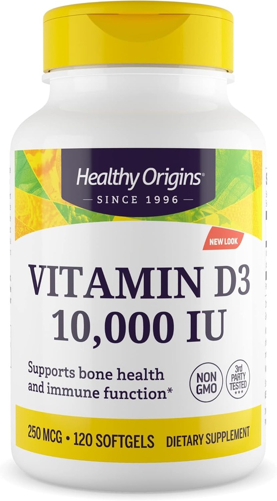 Tervislik päritolu D3-vitamiin 10 000 RÜ (GMO-väline, kõrge potentsi, luude tugi, immuuntoetus, gluteenivaba), 120 Softgels