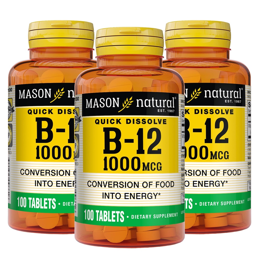 MASON NATURAL B,12 1000 mcg Kiire lahustamine, 300 päeva varu toidu tervislikuks muundamiseks energiaks (3 pakendit)