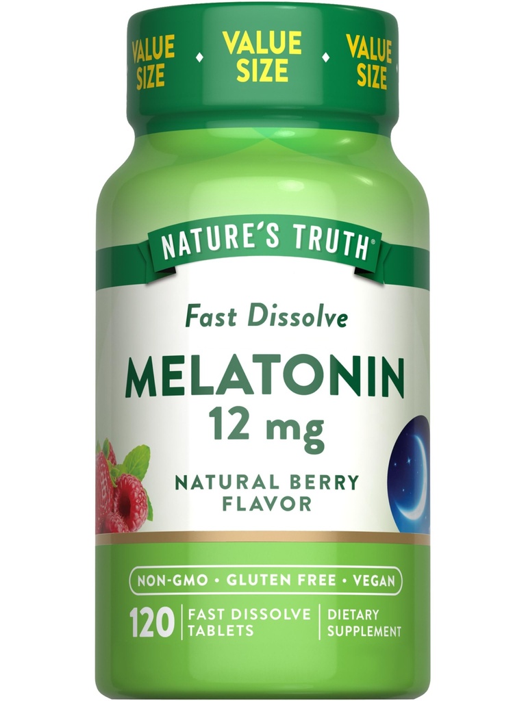 Looduse tõde Melatoniini tabletid | 12mg | 120 Count | Natural Berry Flavor | Fast Dissolve | Vegan, Non-GMO & Gluten Free Supplement