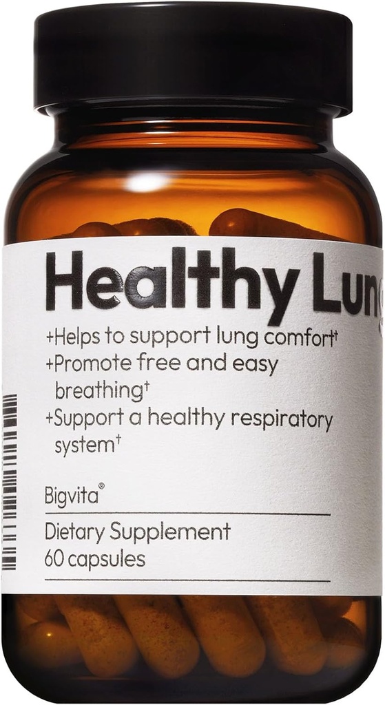 BIGVITA Lung Health Vegan Gluteenivaba Dieet Kopsutoetus Täiendus Kopsude Detox & Puhastamine, Hingamisteede Immuunsüsteemi Toetus & Selge lima & Leevendada köha, 60 kapslit