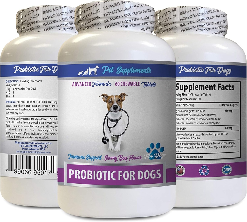 Seedetrakti kaitse koertele - PROBIOTICS koertele - Tervislik soolestik - Stop Gas Diarröa ja halb hingamine - Seedetrakti hoogu - Koer probiootikumid närimistables Organic - 1 pudel (60 ravi)