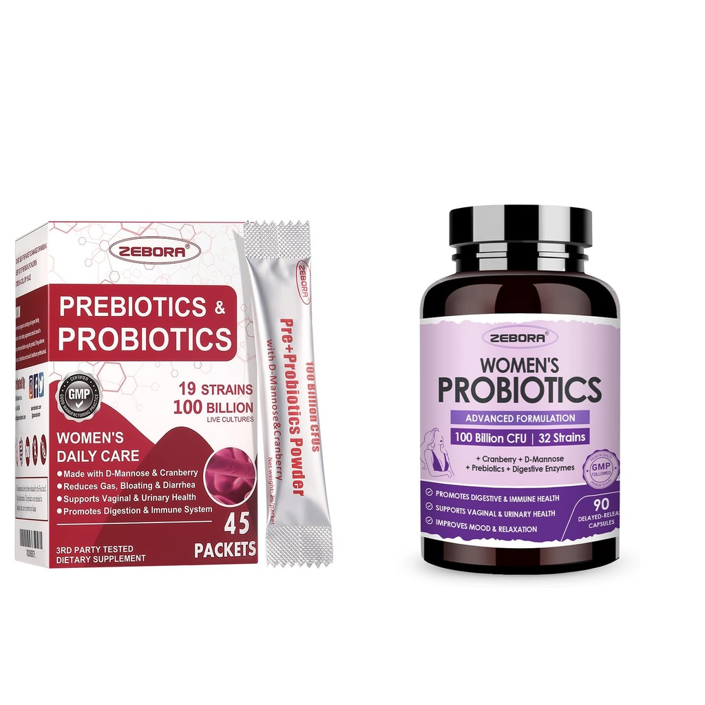 ZEBORA Probiootikumid-for-Women 100 miljardit-CFU-d prebiootikumidega, D-Mannose & Cranberry seedetrakti jaoks, immuunsüsteem, naiselik TÜ tervisetoetus, ülim probiootiline naiste hooldus, soja ja gluteenivaba, 45 pakendit