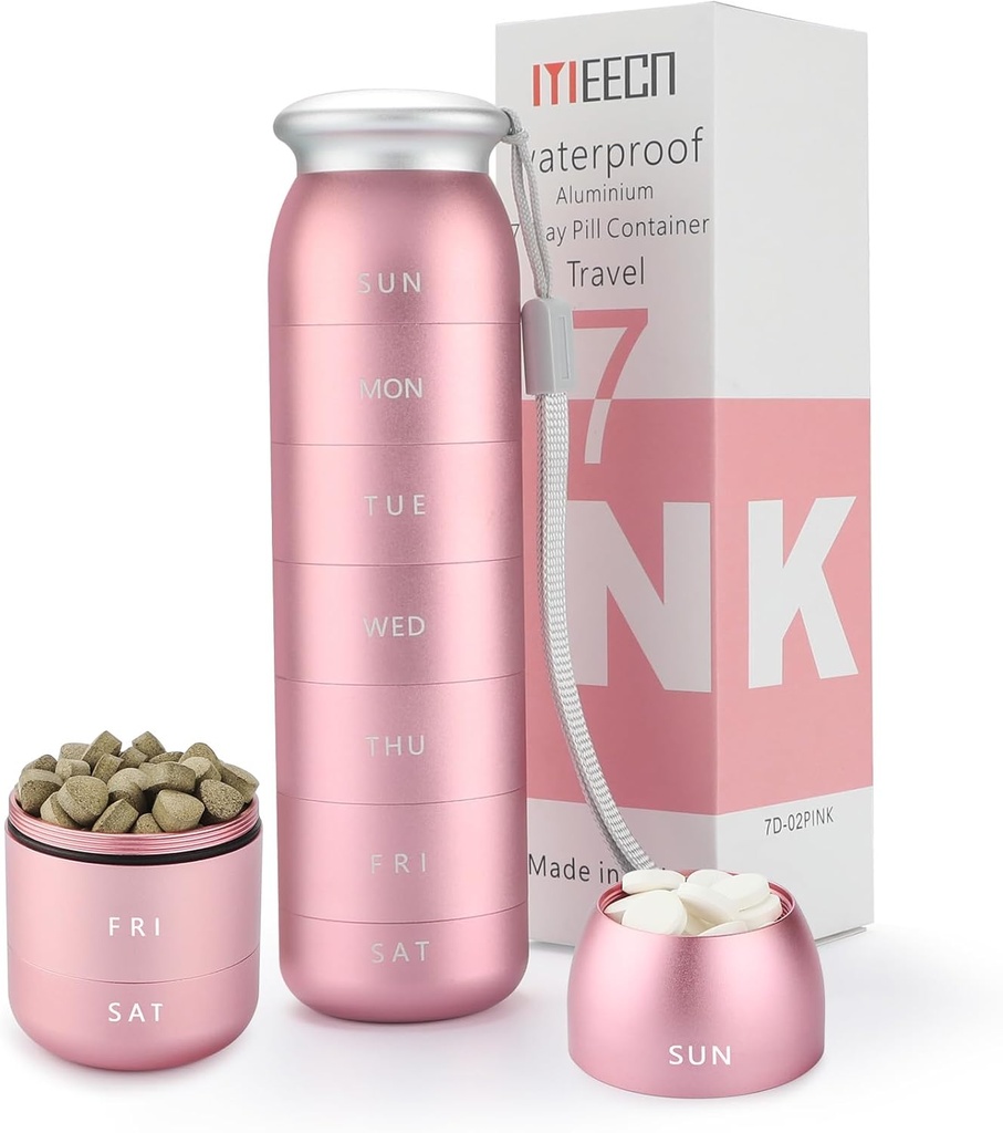 Nädala pillide korraldaja, kaasaskantav reisi 7 päeva, veekindel konteiner, suur, alumiinium, metall, hoidke vitamiine, tursa maksaõli, toidulisandeid ja ravimeid (Pink)