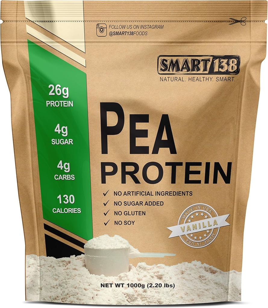 Smart138 Vanilla Pea proteiin, Ultra-Fine Powder, Vegan, Gluteenivaba, Sojavaba, Piimavaba, Mitte-GMO, USA/Kanada, Keto (madal Carb), Natural BCAA (1000 g / 2,2 lbs, Vanilla)