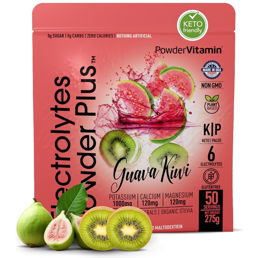 PowderVitamin Electrolytes Powder Plus (50 Servings) Guava Kiwi Elektrolüüt Pulber Nullkalor Keto, 0 Suhkur, Ei Maltodekstriin,1000mg Kaalium,120mg Kaltsium,120mg Magneesium, Hüdratsioon Pulber