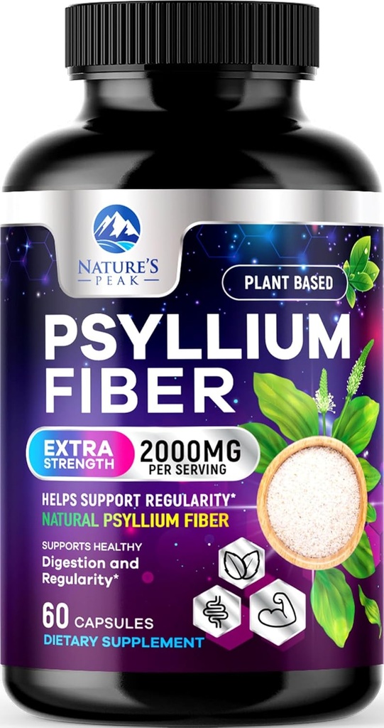 Psyllium Husk Fiber Supplement 1500mg - Vegan Prebiootikum, Lahustuv kiud igapäevaseks seedetrakti tervise ja korrapärasuse toetamiseks, looduslik Psyllium pulber korgid, suhkruvaba, mitte-GMO ja gluteenivaba - 60 kapslit