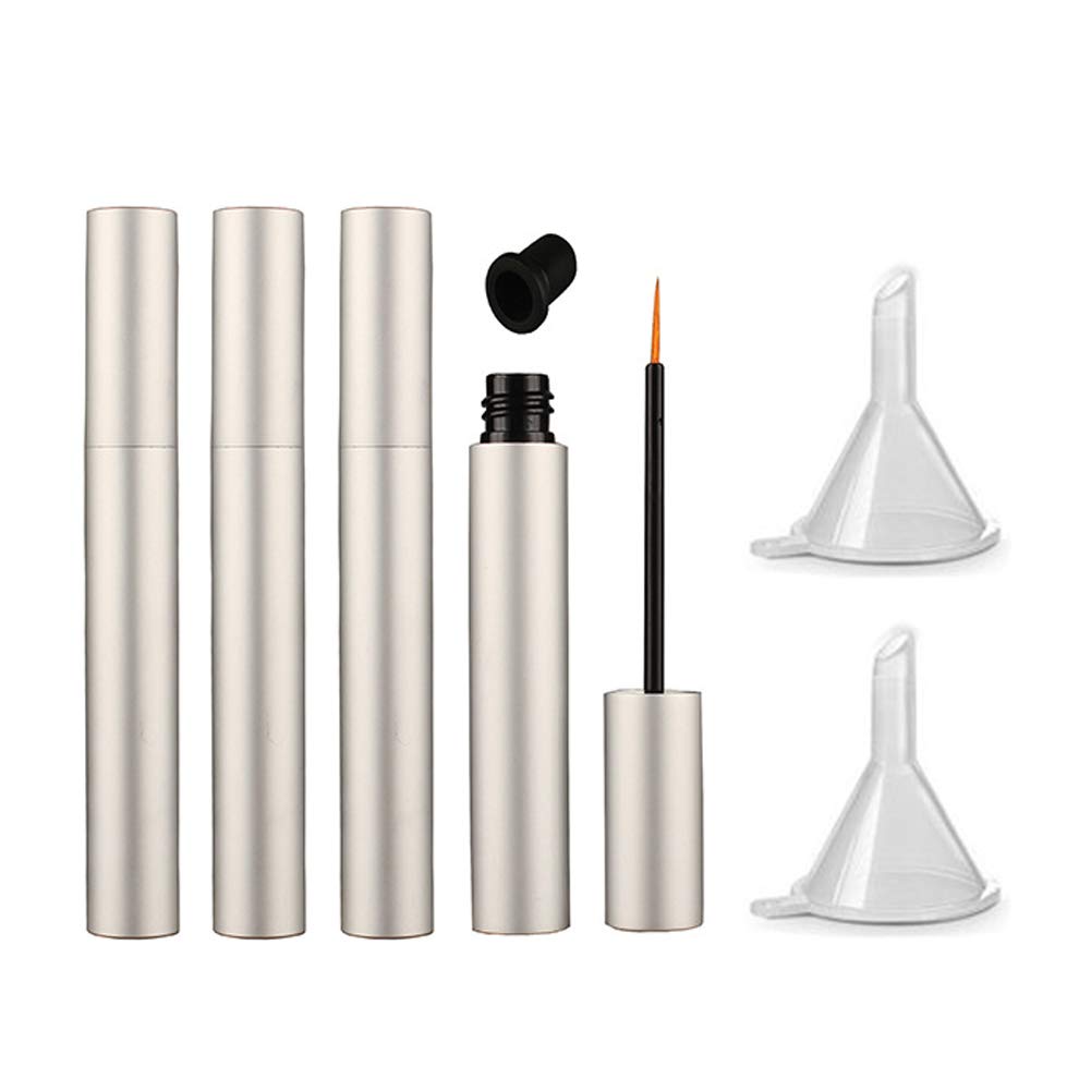 Laseersm 4 tükki 5 ml Alumiinium Tühjad silmapliiatsi torud Täidetav ripsmete kasv Vedelik Pudel Plastist silmapliiatsi torud koos pintsli ripsmete kasvu õli ripsmetušši toru 2 Mini lehtrid, Matte-Silver