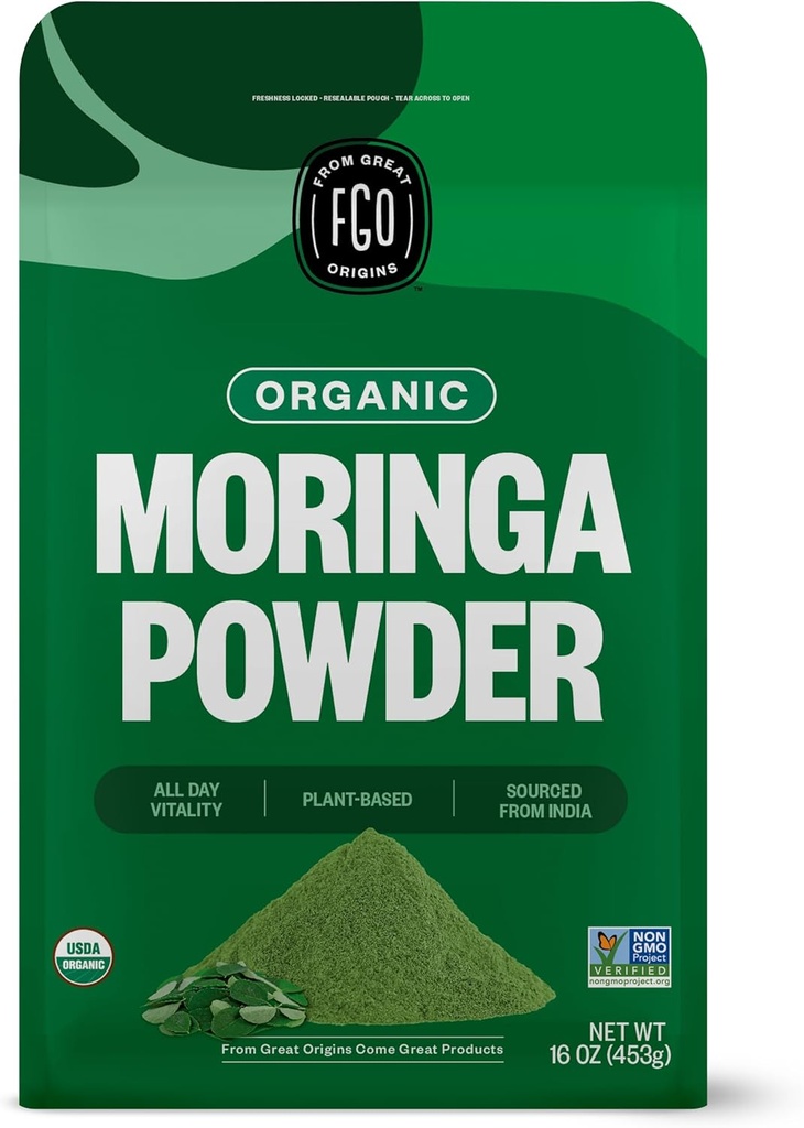 FGO Organic Moringa Oleifera Leaf Powder, 16oz Bulk Resalable Pouch, Allikas Indiast, Non-GMO, Packaging May Vary (1. pakend)
