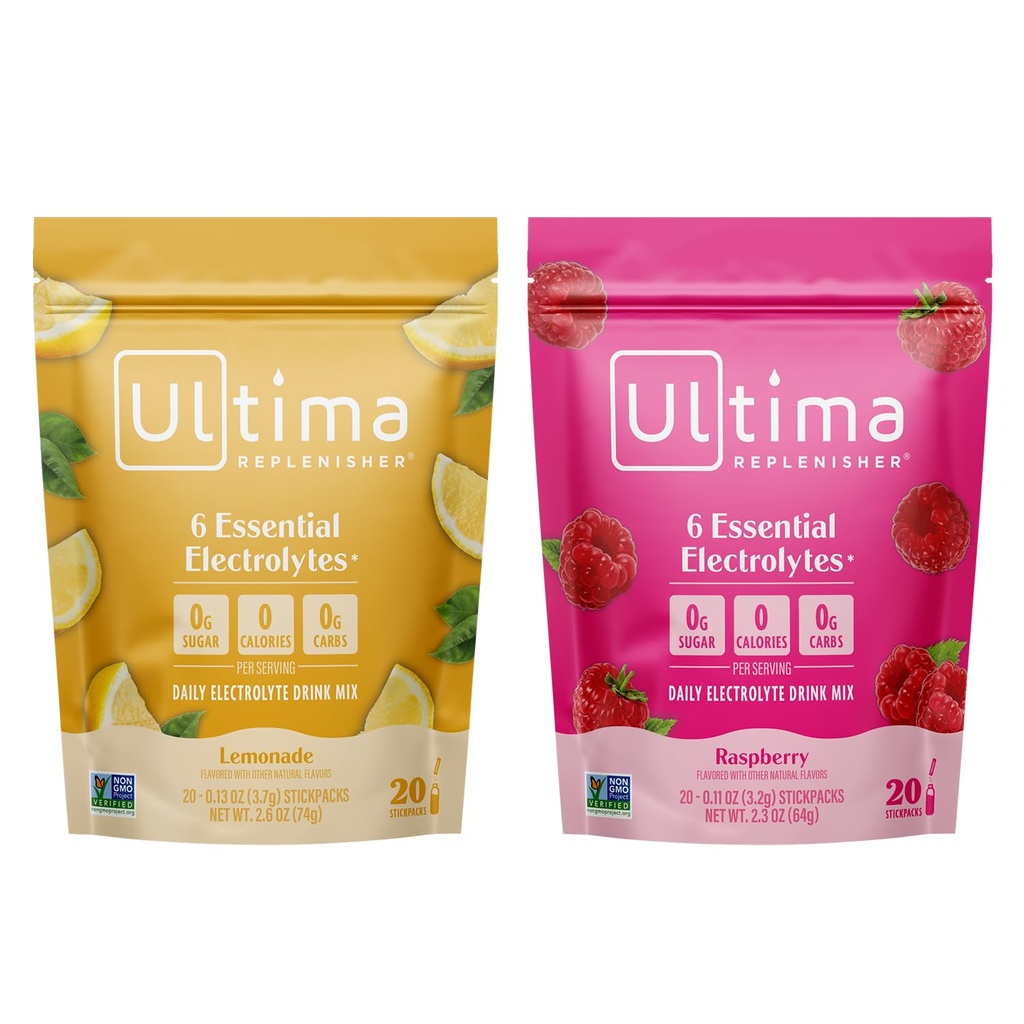 Ultima Replenisher Electrolyte Powder Drink Mix Bundle – Sugar Free – Limonaad ja Vaarika, 20 Stickpacks – 6 Elektrolüüte ja mineraale – Keto Sõbralik, Vegan, Non-GMO