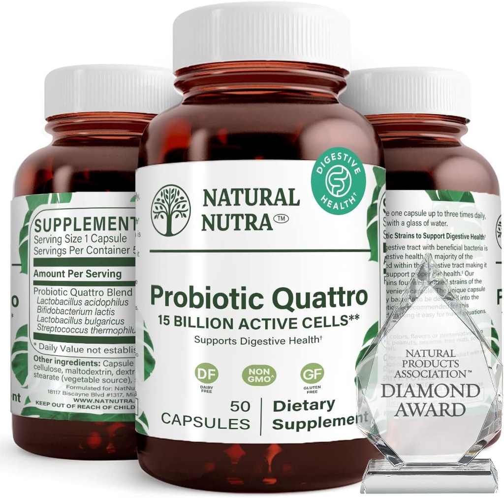 Natural Nutra probiootiline Quattro - Advanced probiootiline täiendus 4 võimsat tüve, sealhulgas Lactobacillus Acidophilus, Bifidus - toetab seedetrakti ja immuunsüsteemi tervist - 50 taimetoitlast kapslit