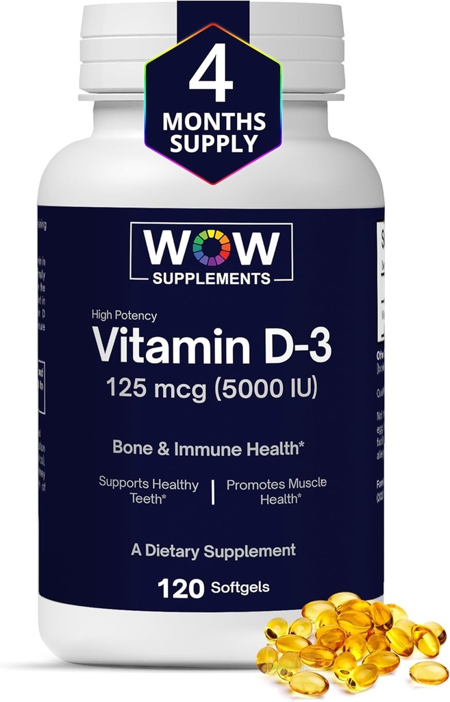 WOW täiendused Vitamiin D3 5000 IU Softgels, 125 mcg - Vitamiin D3 5000IU Täiendus Tugevad Luud ja immuunsüsteemi tugi - Mitte-GMO, Gluteenivaba D-vitamiin 5000 IU - VIT D3 5000 IU Softgels - 120 Count