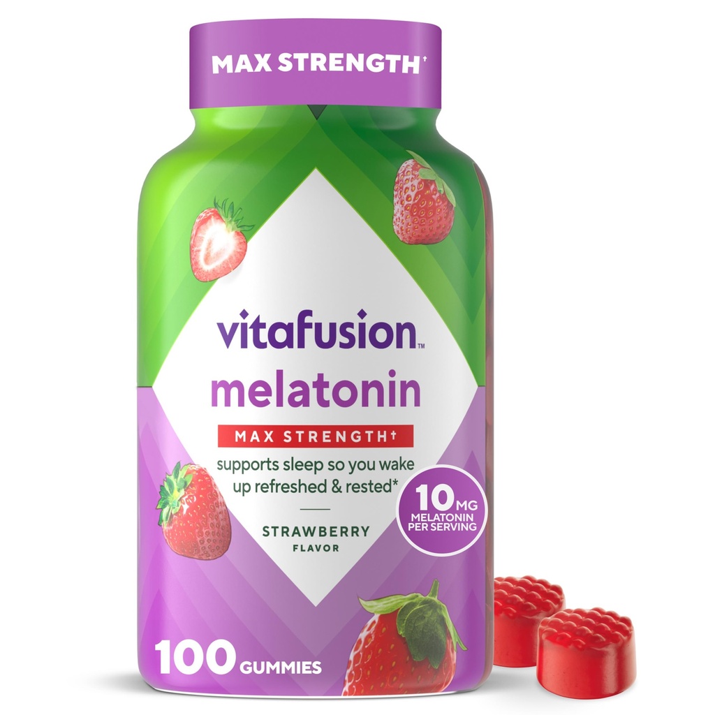 vitafusioon Max Tugevus 10 mg melatoniini kummid, maasikamaitselised, täiskasvanud melatoniini kummi vitamiinilisand, 100 loend, 50 päeva pakkumine