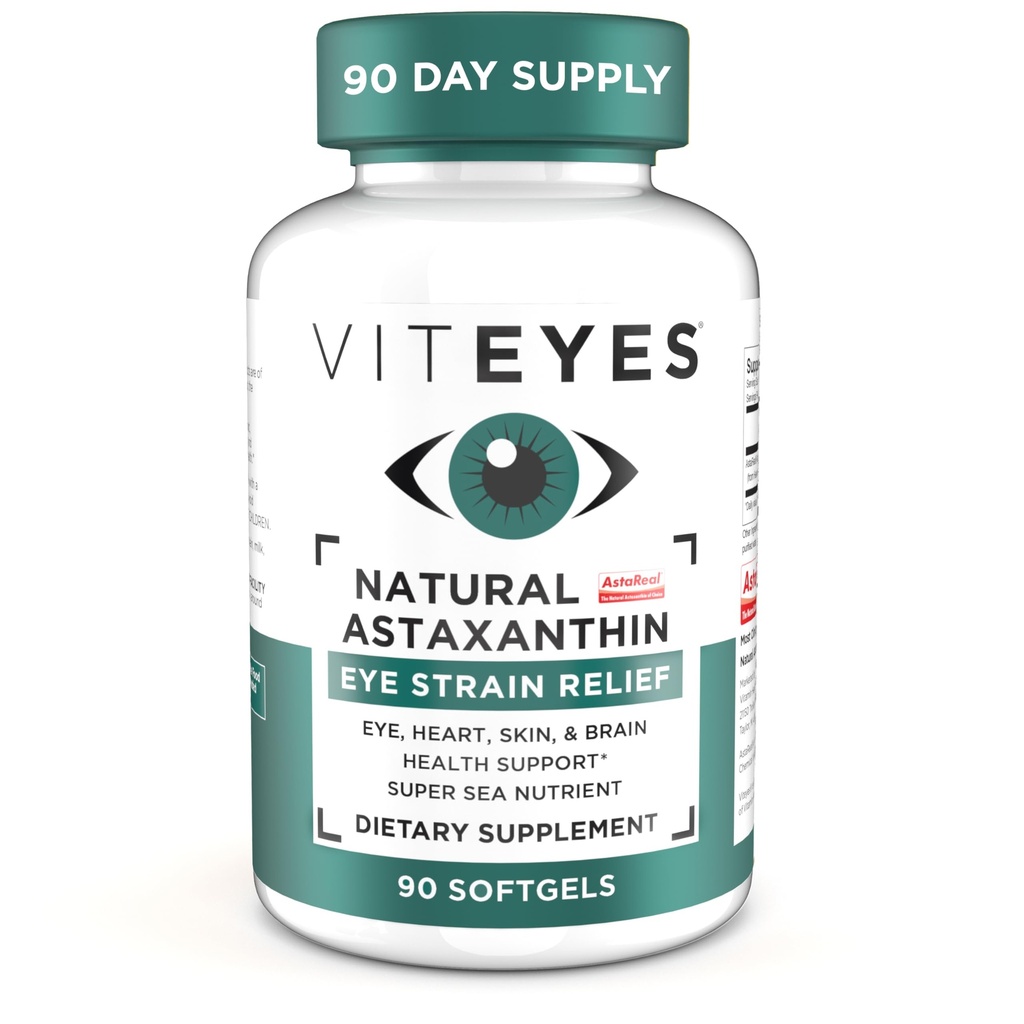 Viteyes Looduslik astaksantiin, leevendab väsinud silmade ja silmade tüve, mis on saadud vetikatest, nahahüdratsioonist, südame ja aju tervisest, 4 kuni 8 mg looduslikust astaksantiinist, 90 Softgelsist