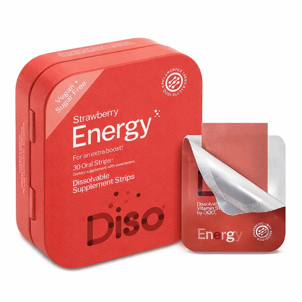 DISO - energia - kiiresti lahustuvad kofeiiniribad vitamiinidega, maasikamaitse, vegan, suhkruvaba, kõrge imendumisega, gluteenivaba, individuaalselt pakitud, 30 lahustuvat riba