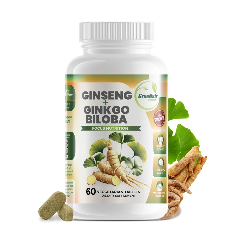 GreeNatr Ginko Biloba & Panax ženšenni lisand - punane ženšenni aju lisand mälu ja fookuse jaoks - Ginkgo Biloba lisandid hea nägemise, immuunsüsteemi ja parema verevoolu jaoks - 60 tabletti