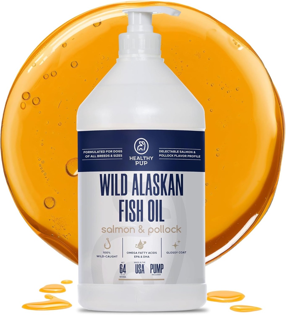 Wild Alaskan Salmon Oil for Dogs with Pollock - 64 oz Pollock and Salmon Oil, Omega 3, EPA ja DHA - Dogs Skin and Coat Supplement - valmistatud USAs
