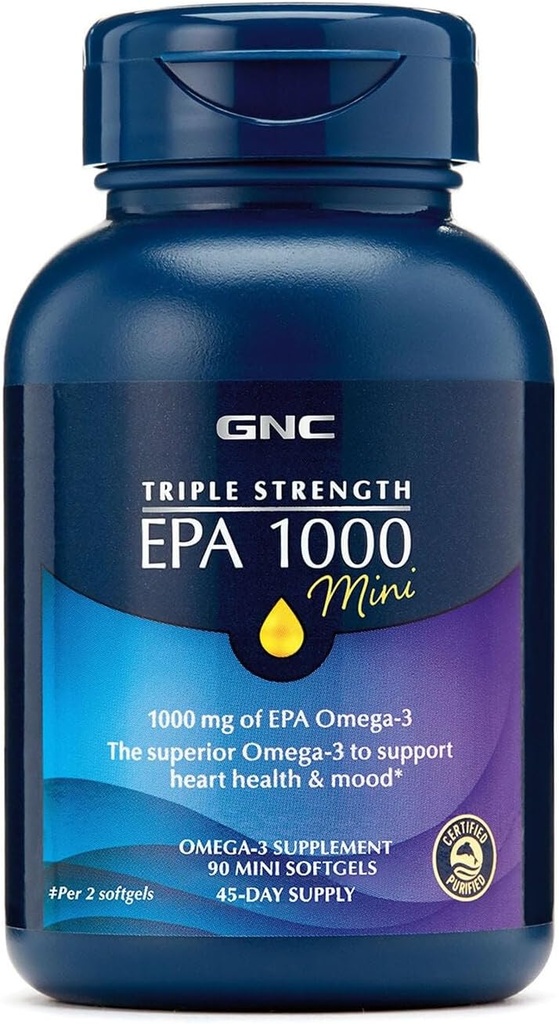 GNC Triple Strength Fish Oil EPA 1000 Mini, 1000mg Omega 3, Mini Softgels, Toetab Silma, Aju, Nahk, Tervislikud Triglütseriidid, Süda, Liigesed, Kaetud, Et Kontrollida Kalaprügi, 45 Servingut