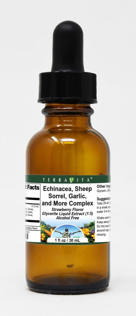 Terravita Echinacea, Lammaste Sorrel, Küüslauk ja keerulisem Glycerite Vedel Ekstrakt (1:5) - Maasikas Maitsestatud (1 oz, ZIN: 523692)
