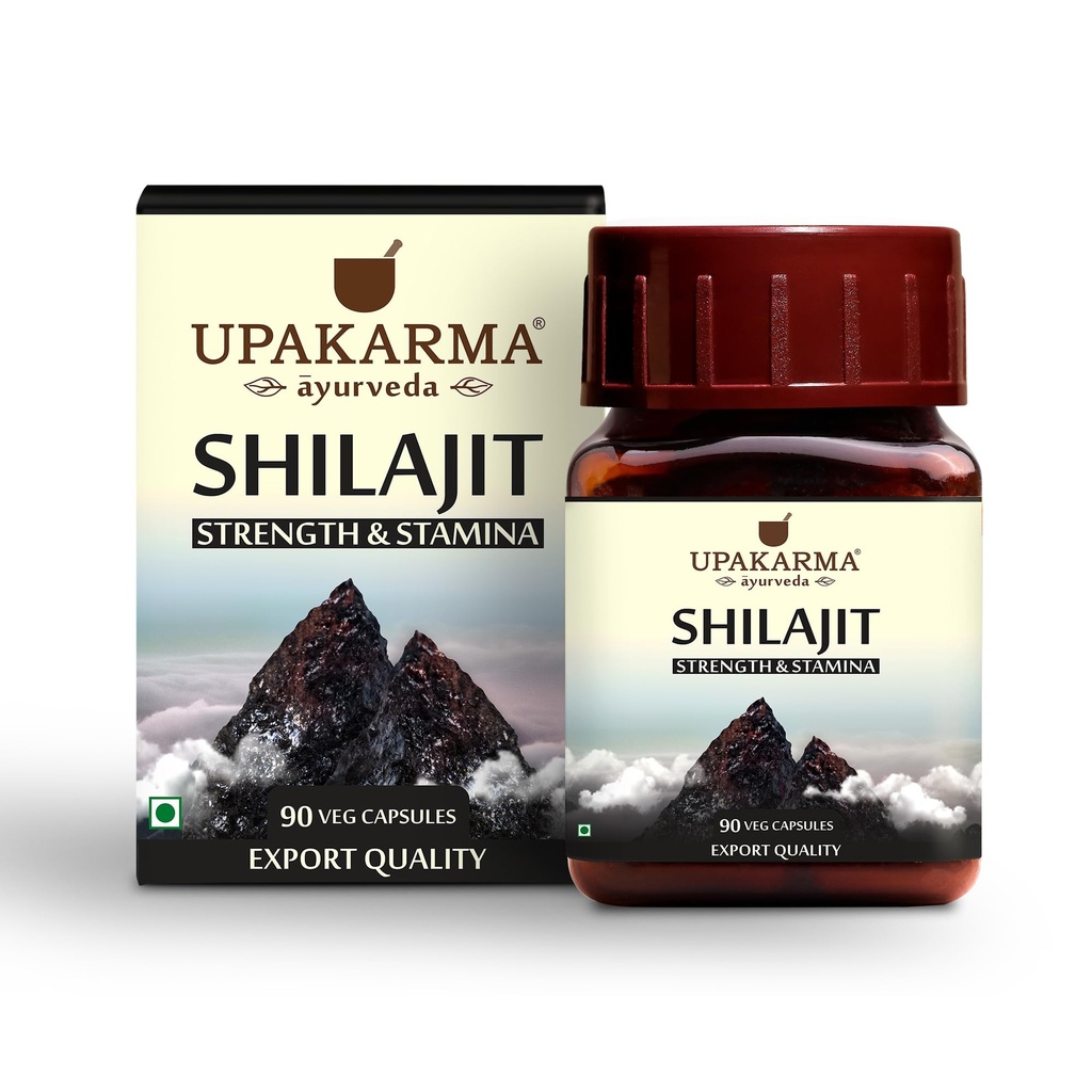 Upakarma Ayurveda 100% puhas Shilajit 90 kapslit tugevuseks, Stamina, Immune tugi, Fulvic Acid looduslik allikas & Trace Minerals-1000 MG 2 kapsli jaoks (päevane annus), 45 päeva tarne - pakend 1