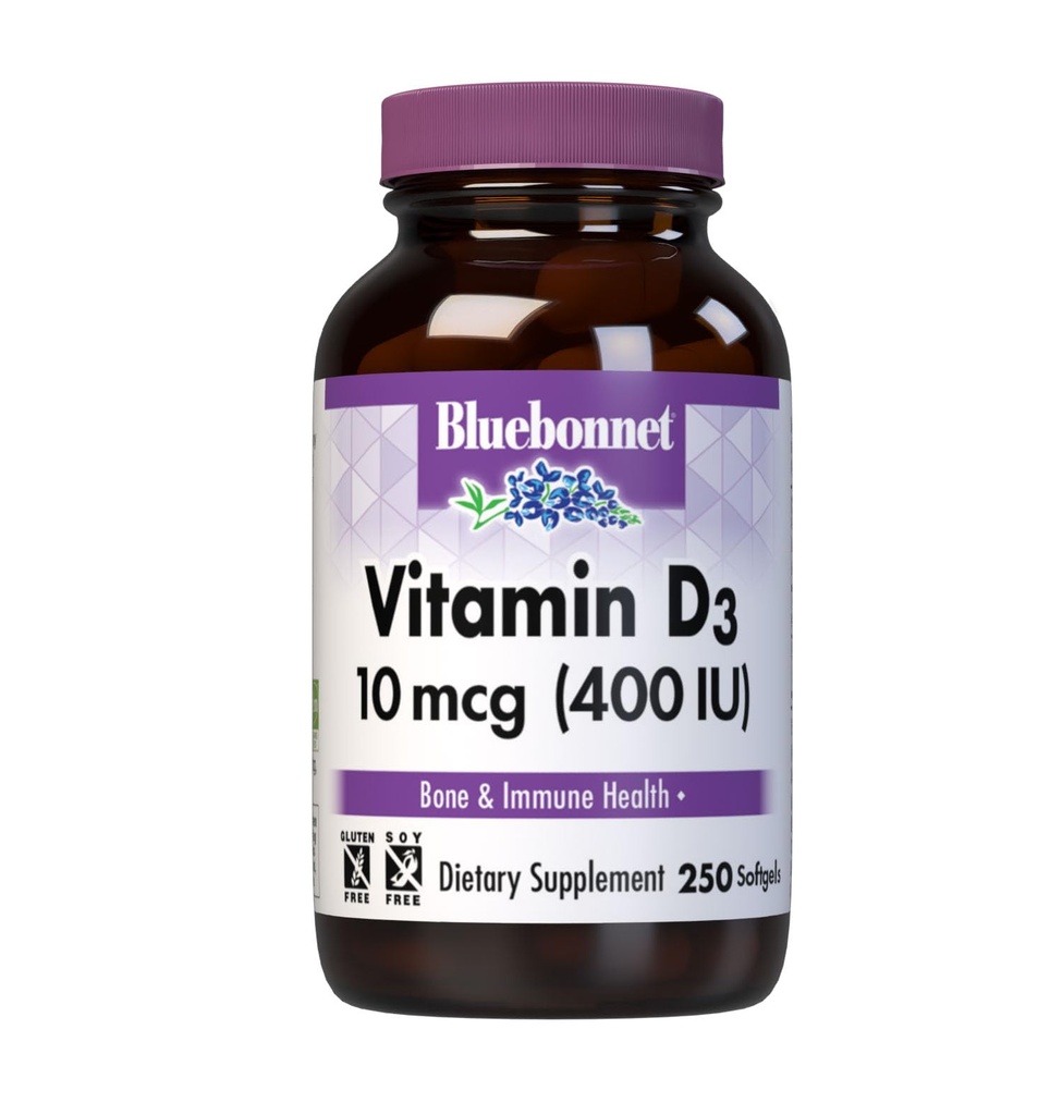 Bluebonnet Nutrition Vitamiin D3 400 IU Softgels, AIDS lihaste ja skeleti kasvu, kolekaltsiferool kalaõli, Non GMO, Gluteenivaba, Sojavaba, Piimavaba, 250 Softgels