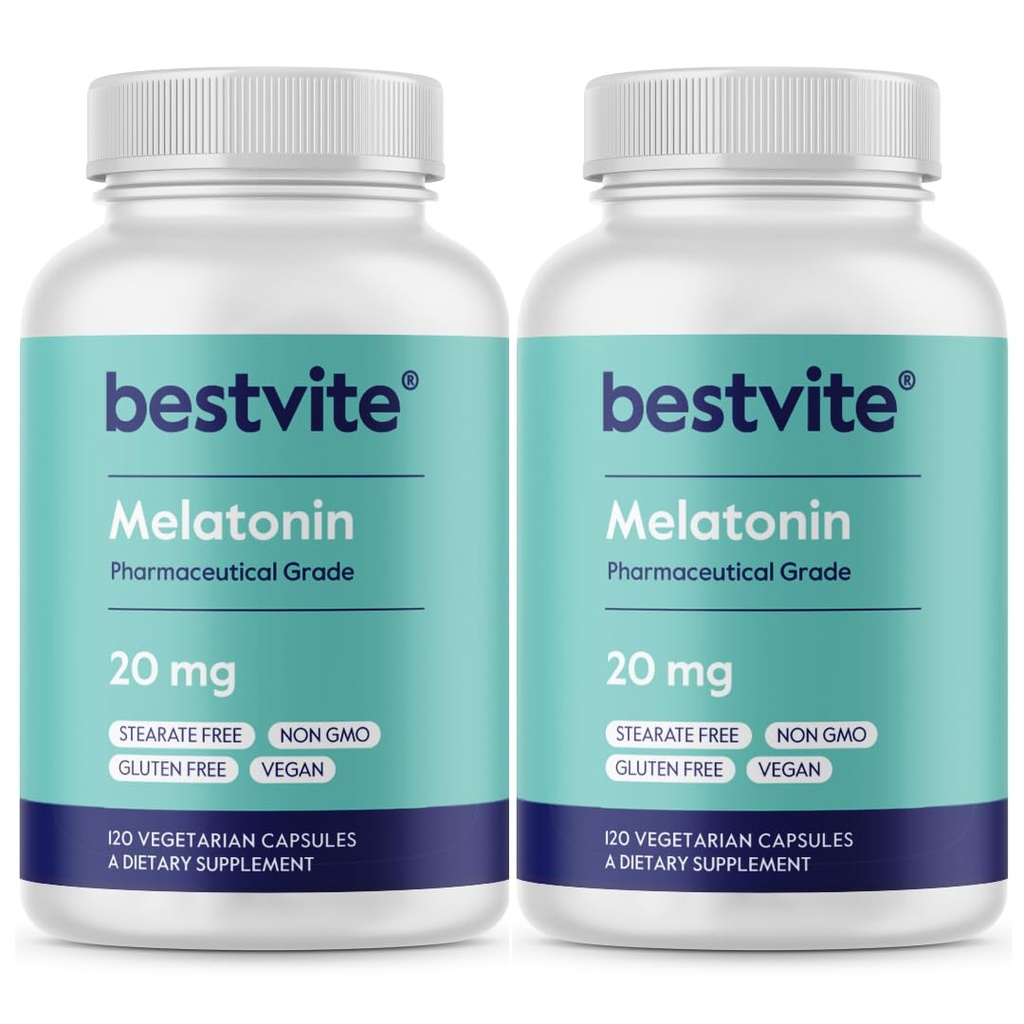 BESTVITE Melatoniin 20 mg (240 taimekapslit) (120 x 2) - Stearaatide puudumine - vegan - mitte GMO - gluteenivaba