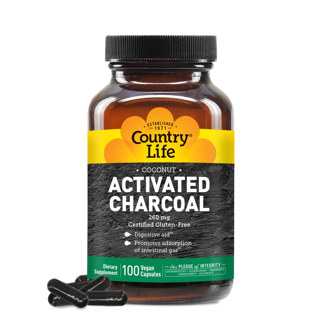 Country Life Coconut Activated Charcoal Capsules, 260mg – Natural Charcoal Supplement for Gas and Bloating Relief - Gluteenivaba, 100 Vegan Capsules