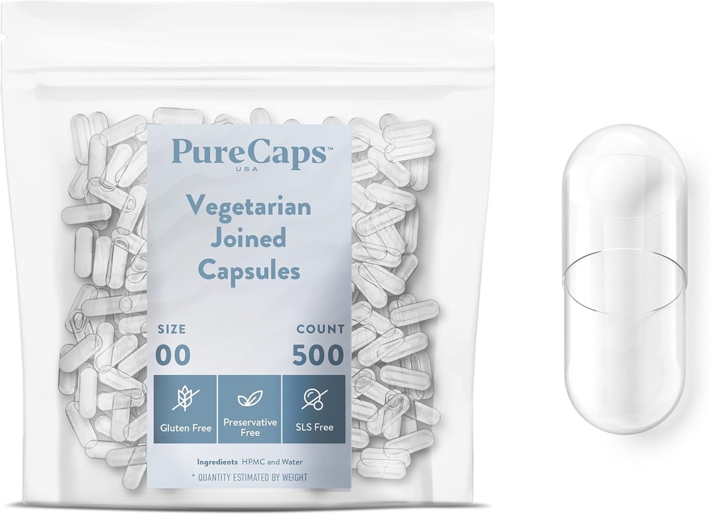 PureCaps USA - Tühjad taimetoitlased Vegan Pillid Kapslid suurus 00 | 500 Ühendatud Pillid | Mitte-GMO sertifitseeritud | SLS, Gluteen, säilitusainevaba