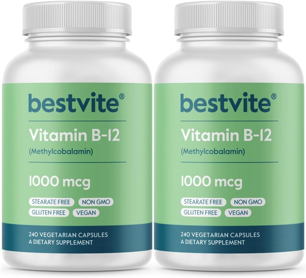 BESTVITE Vitamiin B12 (metüülkobalamiin) 1000 mcg (480 taimekapslit) (2 x 240) (metüül B12) - Steaate ei ole - vegan - mitte GMO - gluteenivaba