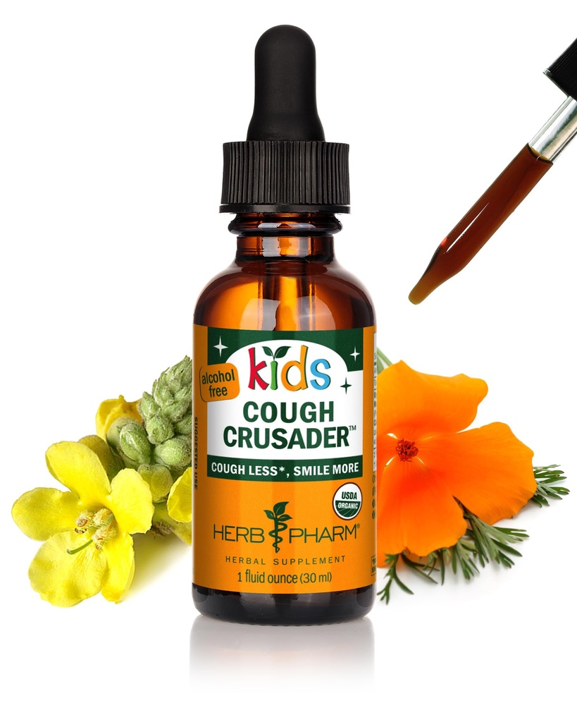 Herb Pharm Kids Cough Crusader – sertifitseeritud orgaaniline alkoholivaba taimne vedelik lastele, immuunsuse ja kurgu mugavuse tugi, 1 fl oz