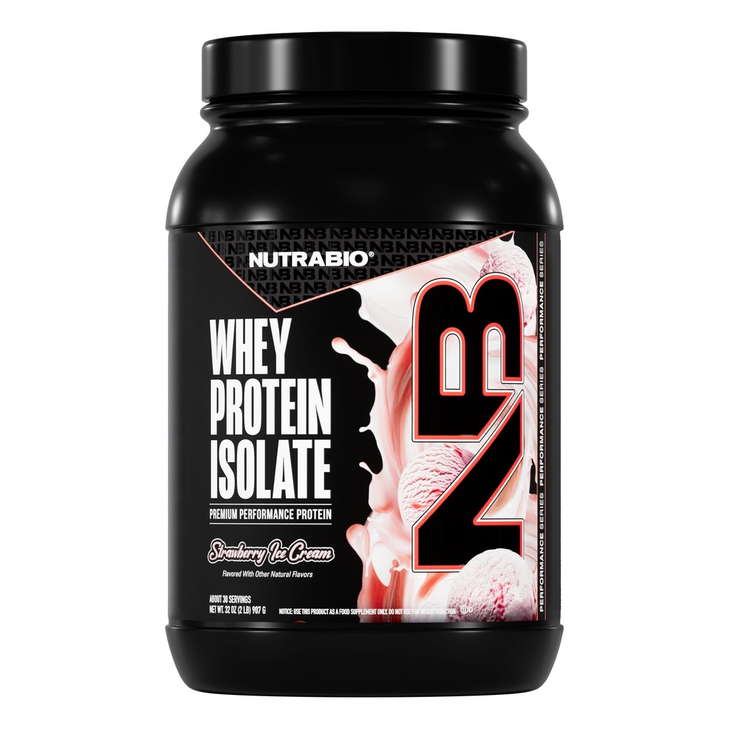 NutraBio 100% vadakuvalk isolaatvalgu pulber, 25 g valku koos täieliku aminohappeprofiiliga, GMO-vaba, soja- ja gluteenivaba, madala kalorsusega vadakuvalgu pulber, maasikajäätis, 2 lbs