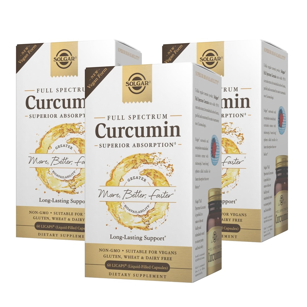Solgar Full Spectrum Curcumin - 60 LiCaps, Pack of 3 - Superior Absorption - Aju, liigeste ja immuunsüsteemi Tervis - Mitte-GMO, Vegan, Gluteenivaba, Piimavaba - 180 Kokku Servings