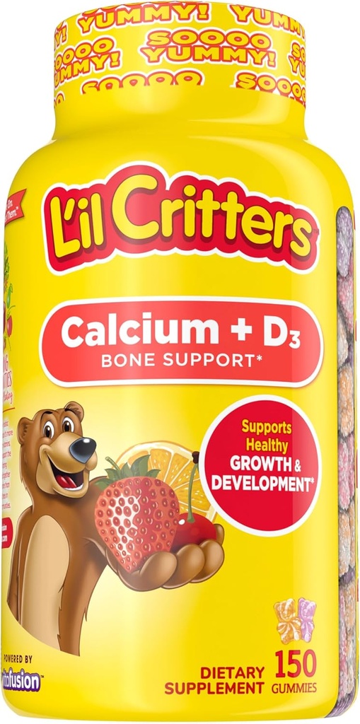 L’il Critters Calcium + D3 Daily Gummy Supplement for Kids, for Bone Support, Orange, Strawberry and Cherry Maitseained, 150 Gummies